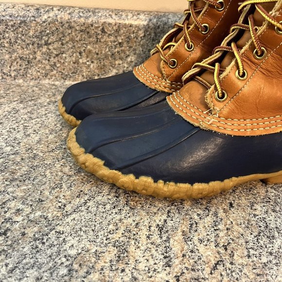 LL BEAN Duck Boots Maine Hunting Shoe Womens Size 7 Brown‎ / Blue GUC - Picture 2 of 12